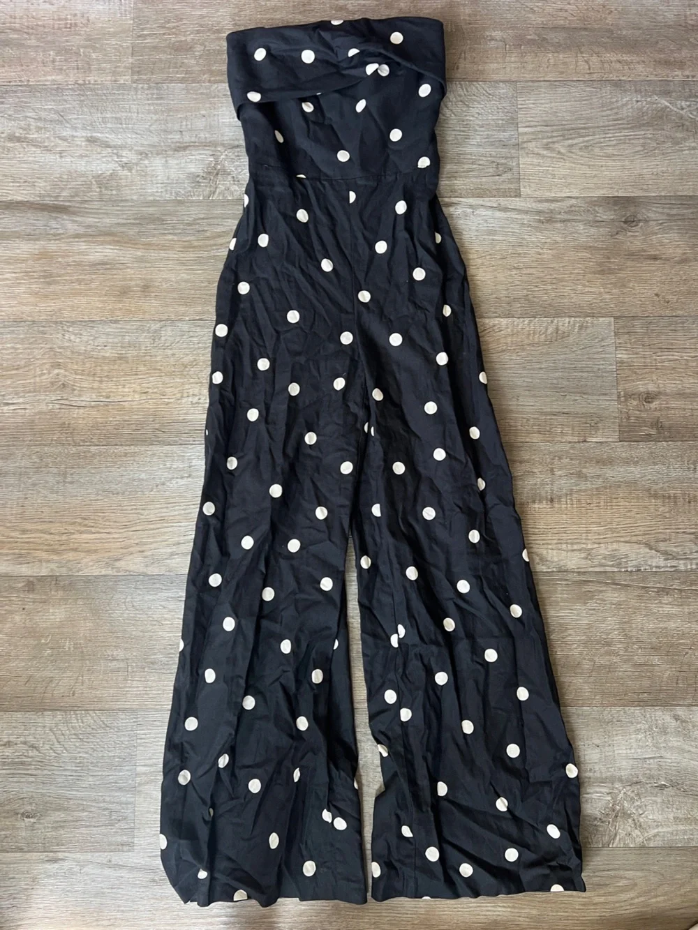 Sezane Editions Stella Linen Jumpsuit in Polka Dot Black Ecru